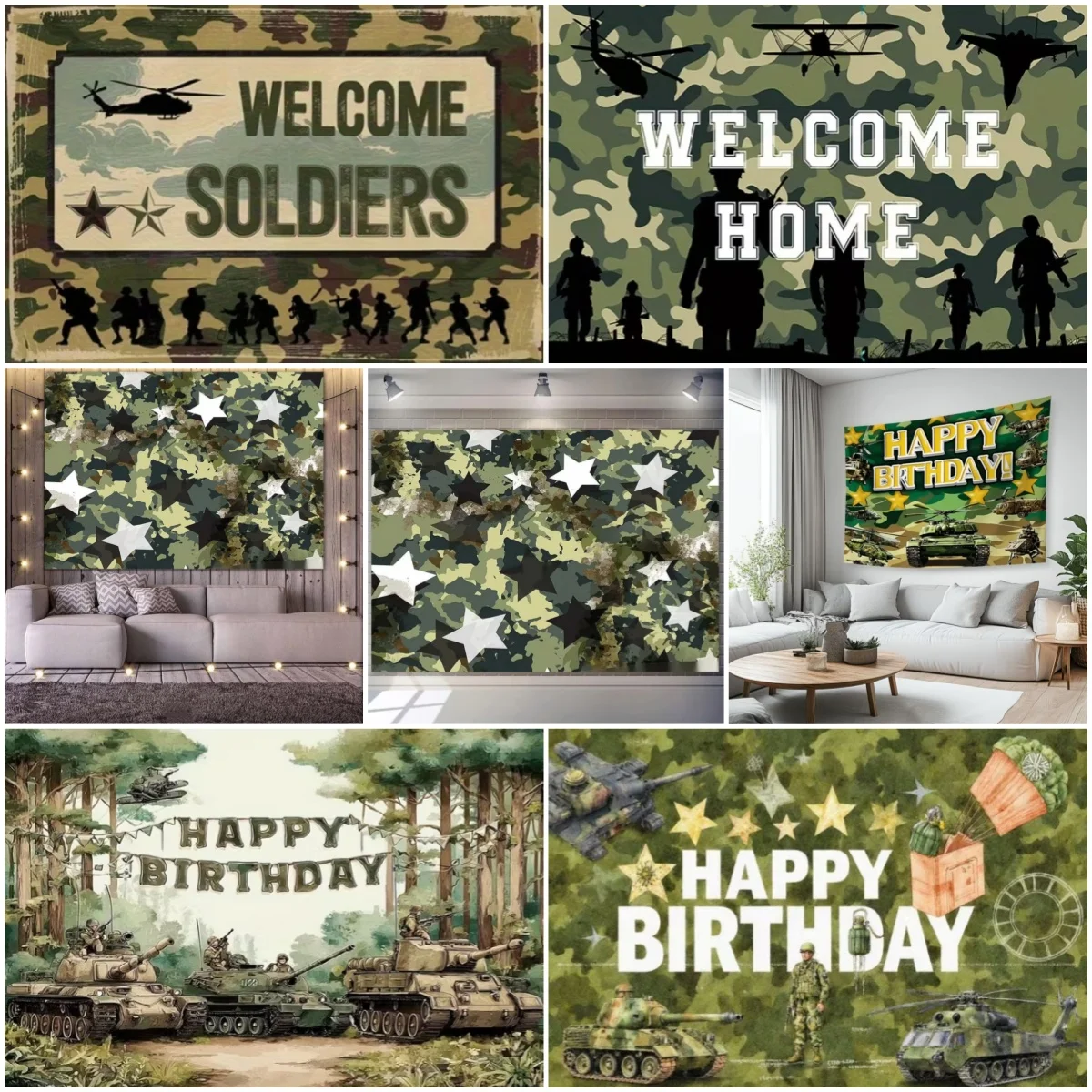 

Military Army Theme Birthday Party Decoration Backdrop Camouflage Soldier Aircraft Tank Car Background Boys Photo Banner Gifts