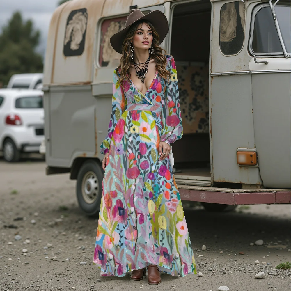 فستان بوهو شيك عميق على شكل حرف v مطبوع عليه زهور فستان ماكسي بأكمام طويلة وحاشية مكشكشة لقضاء العطلات فستان طويل مثير للخريف والشتاء #3