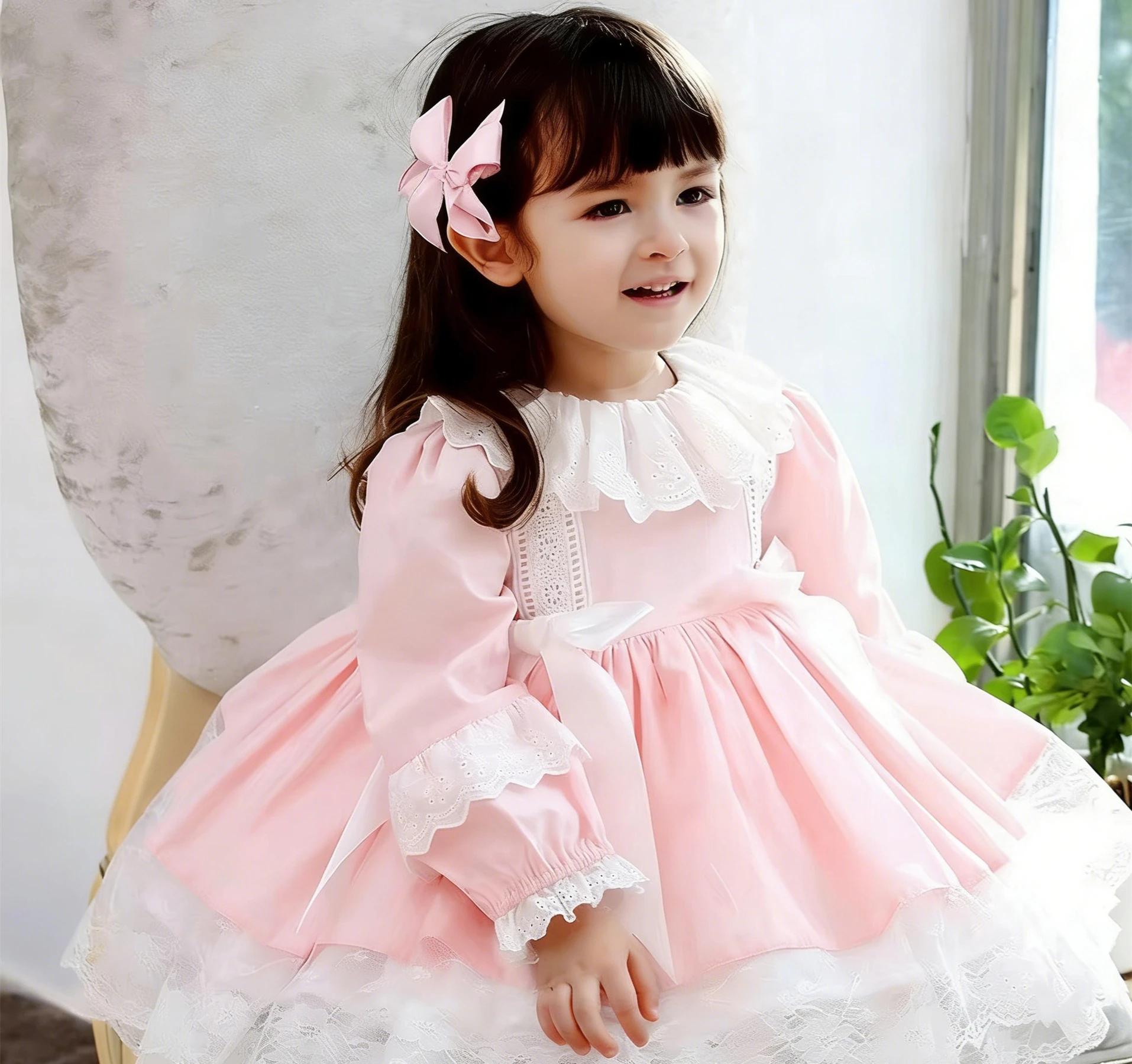 

Customized Pink Flower Girl Dress For Wedding Bow High Waist Long Sleeve Elegant Kids Birthday Party First Communion Gown
