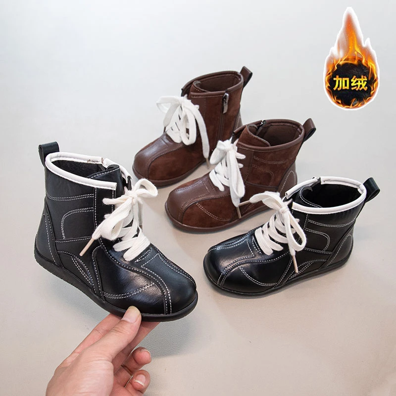 Kids Plush Lining Ankle Boots for Girls 2025 New Winter Kids Thermal Boots Classic Retro School Shoes for Girls Motorcycle boots