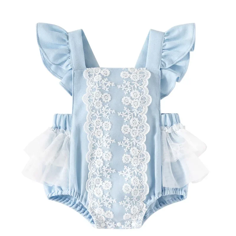 2025 New Summer Infant Baby Girls Bodysuits Flying Sleeve Cotton Lace Splicing Toddler Baby Jumpsuit 0-24M Children Clothes