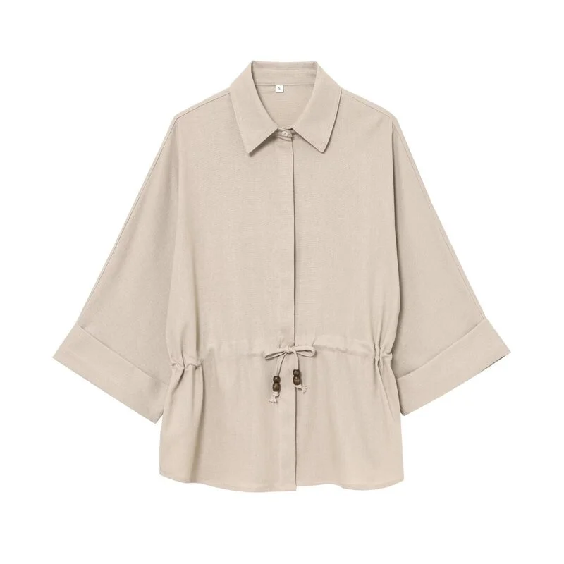 Spring 2025 Women's Faionable Long Sve Linen Blend irt Dstring Design Versatile Loose Fit irt New Arrival