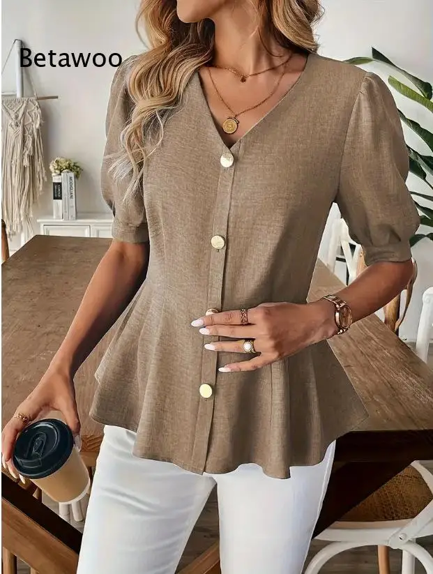 Women V Neck Puff Short Sleeve Blouse Button Front Peplum Hem Slim Fit Elegant Top for Summer Daily Office Occasions