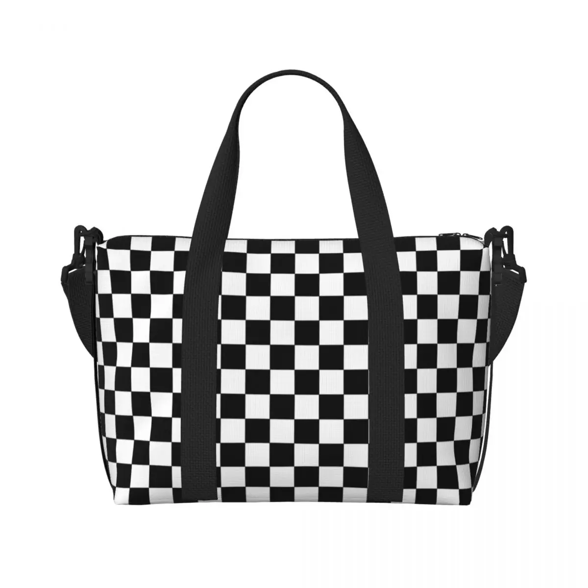 Custom Black และ White Checkered Tote กระเป๋าผู้หญิงขนาดใหญ่ความจุเรขาคณิต Checkerboard Beach Gym กระเป๋าเดินทางไหล่