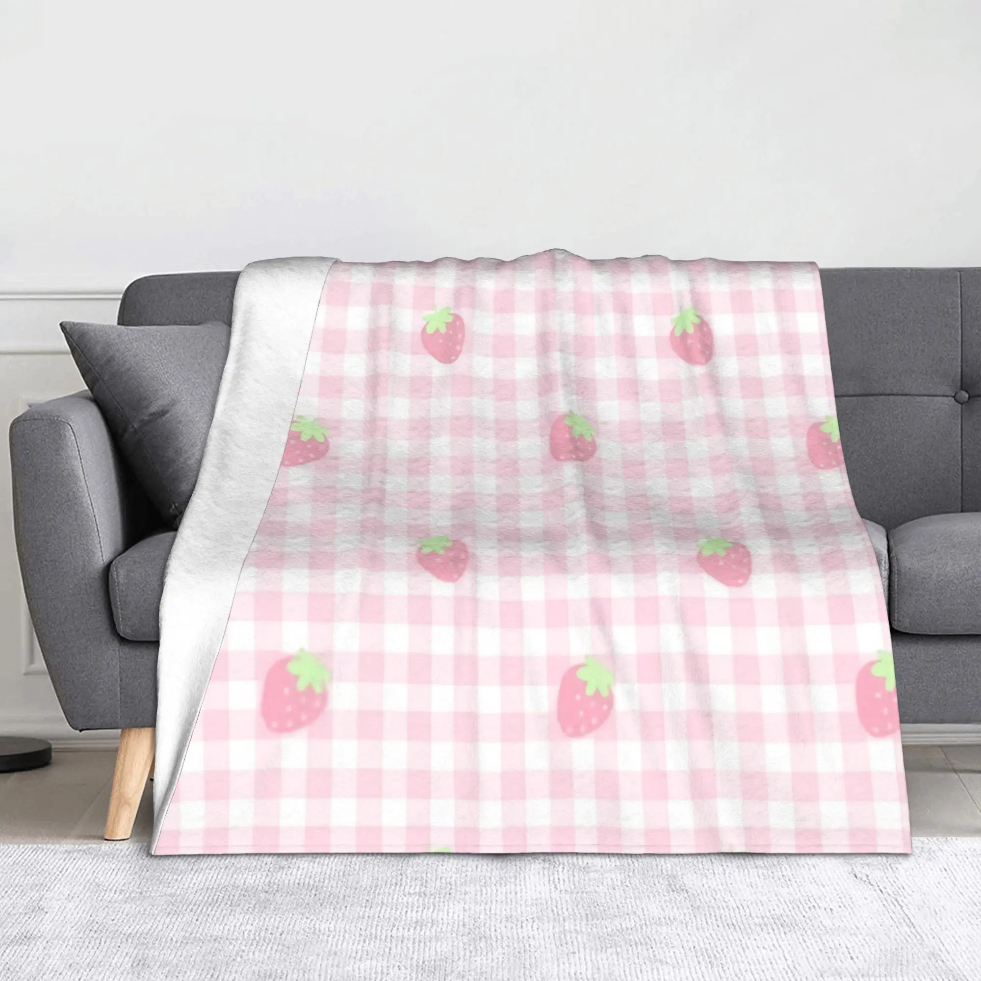 Strawberry Gingham Kawaii Pastel Picnic Knitted Blankets Fleece  Super Soft Throw Blankets for Bedding Couch Bed Rug