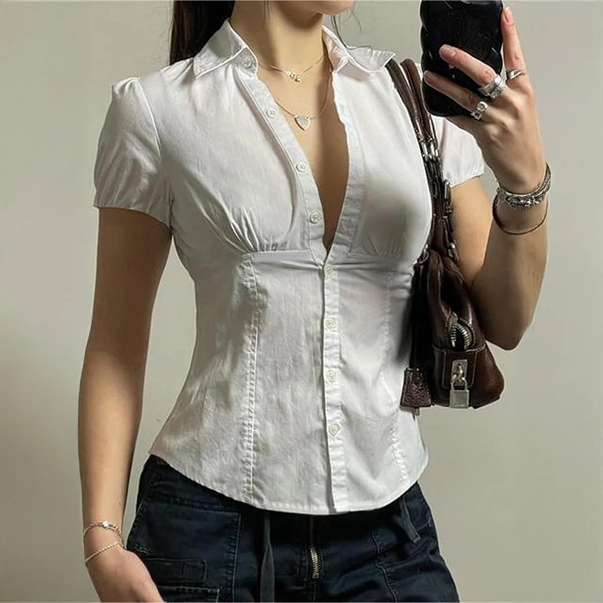 New Y2K Preppy Style Puff Sleeve Button Down Shirt Collared Slim Fit Cinched Waist Tee Blouse for Casual Women Streetwear