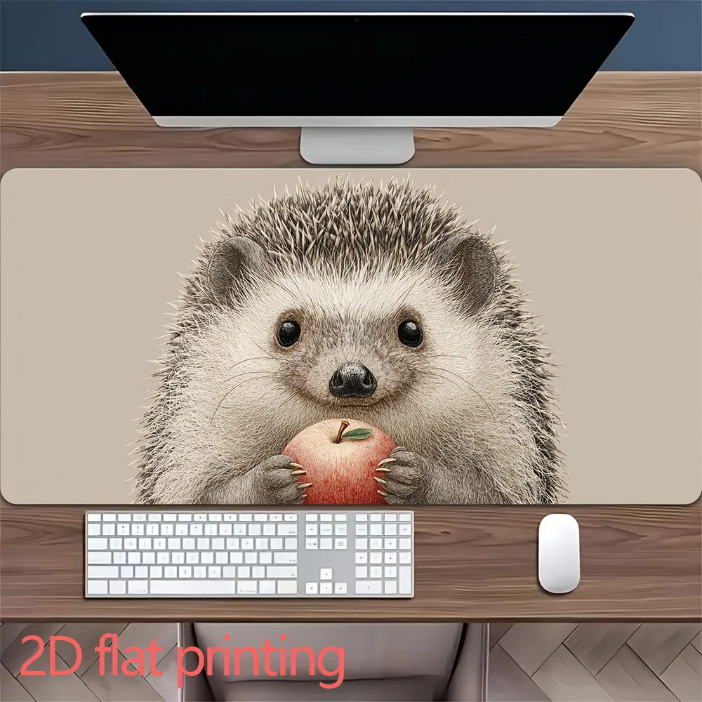 

Cute Hedgehog Holding Apple Large Desk Pad, 2D Flat Printing Extended Mouse Pad, Non-Slip Office Mat