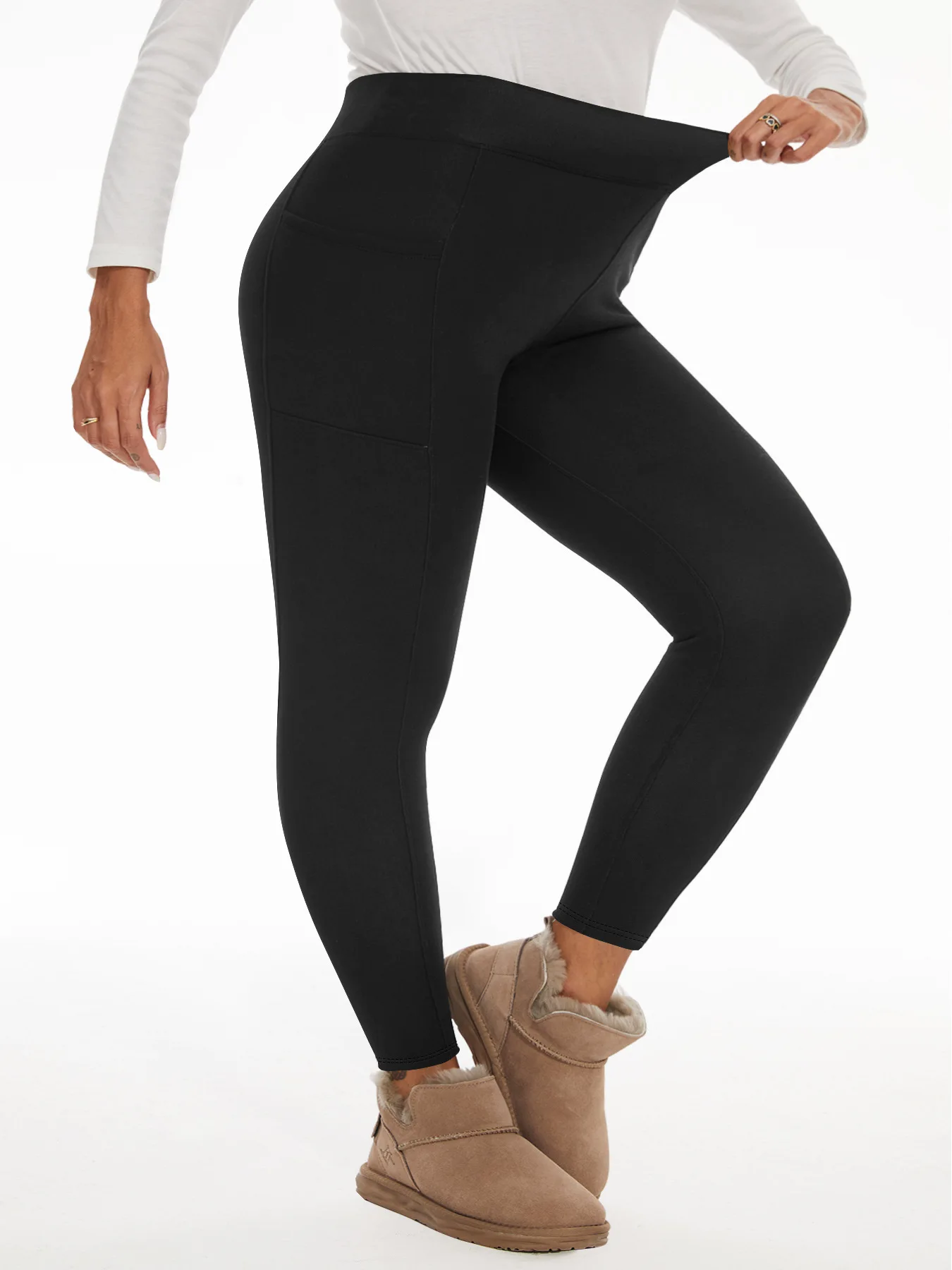 

plus Size Fleece Lined Leggings High Waist with Pockets Autumn Winter Warm Tight Women's Outdoor Wear