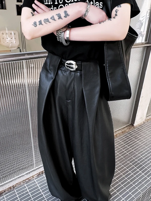 

PU Leather Pants Men's Casual Wide Leg Pants Asymmetrical Knife Trendy And Haome Drapey Leather Trousers