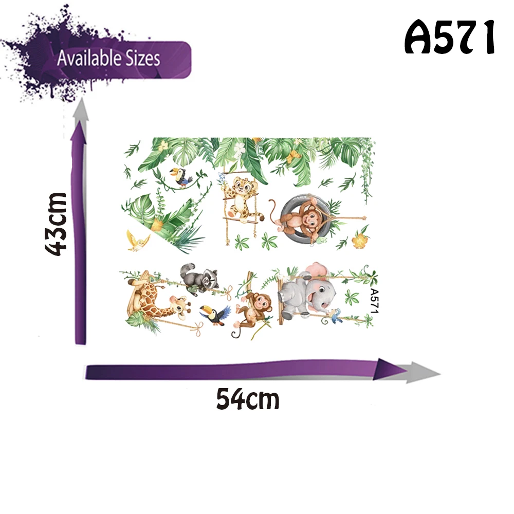 Woodland Jungle Animals Swing Wall Stickers Safari Monkey Elephant Giraffe Cub Tropical Leaves Wall Decals Bedroom Living Room