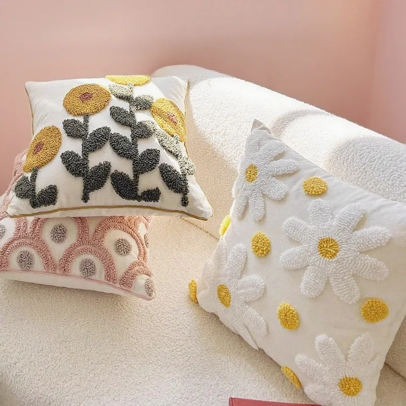 Ins Nordic Fresh Embroidered Flower Pattern Pillowcase Ideal Homestay Living Room Home Sofa Decor Backrest Pillow Cushion Cover