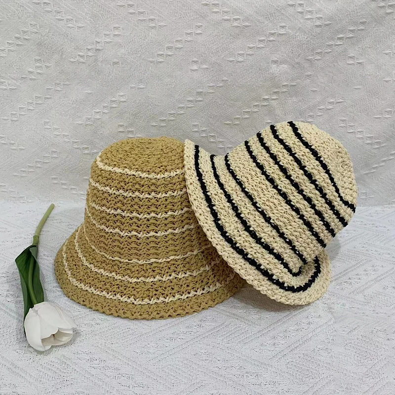 Summer Striped Hollow Weave Bucket Hat Women Breathable Sun Hat Beach Panama Cap Fold Outdoor Japanese Lesure Fishierman Cap