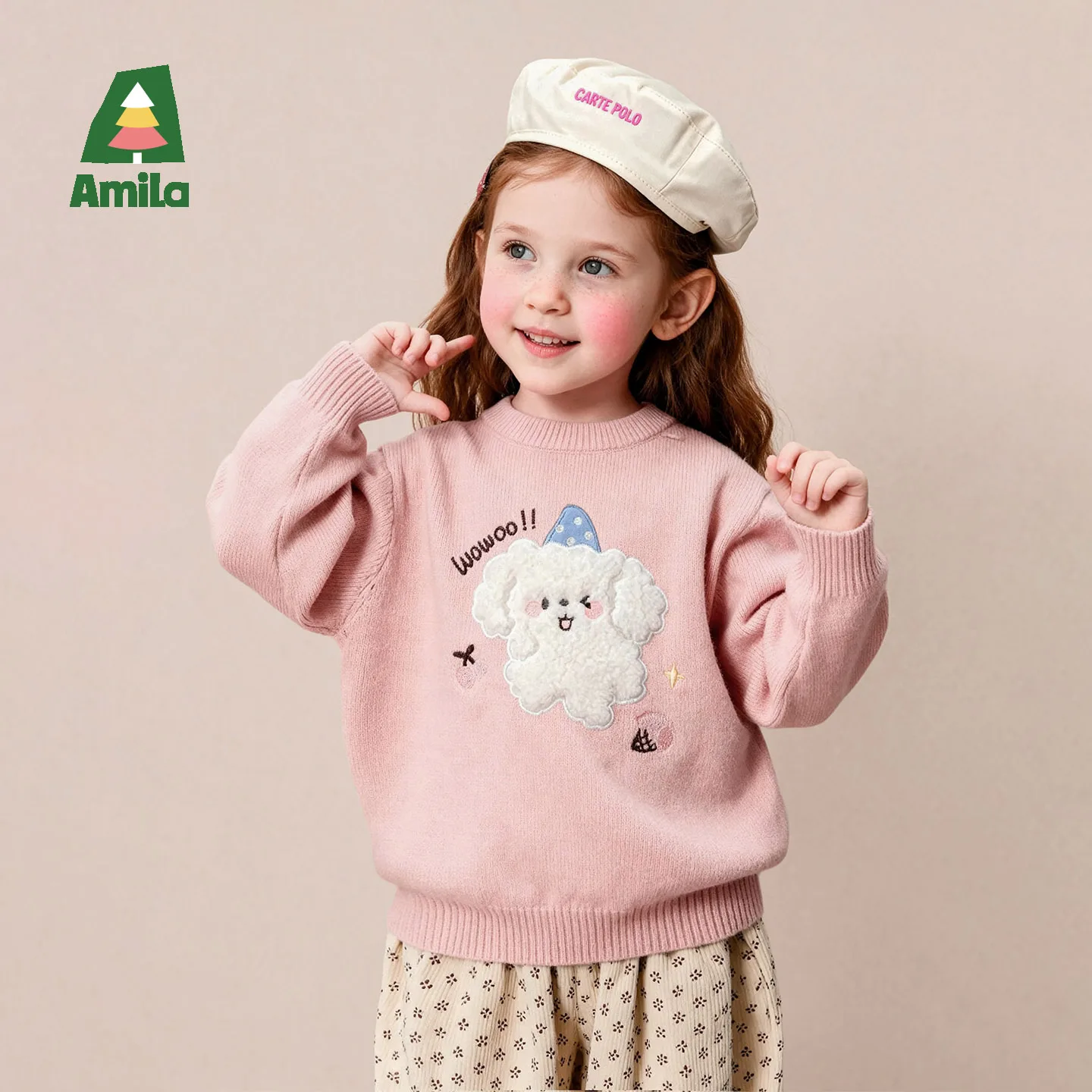 Amila 2026 Autumn New Kids Cartoon Crew Neck Knit Top Loose Oversized Silhouette Extra Skin Friendly Soft And Cozy Top