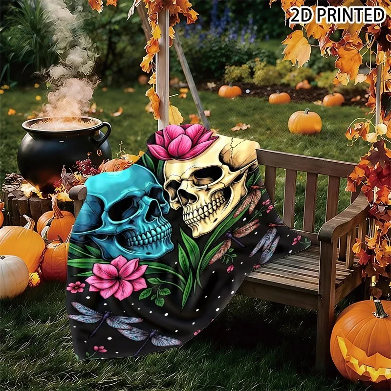 Dark Aesthetic Floral Sugar Skull Dragonfly Art Flannel Blanket Comfortable Warm Fleece Blanket Indoor Outdoor Home Decoration
