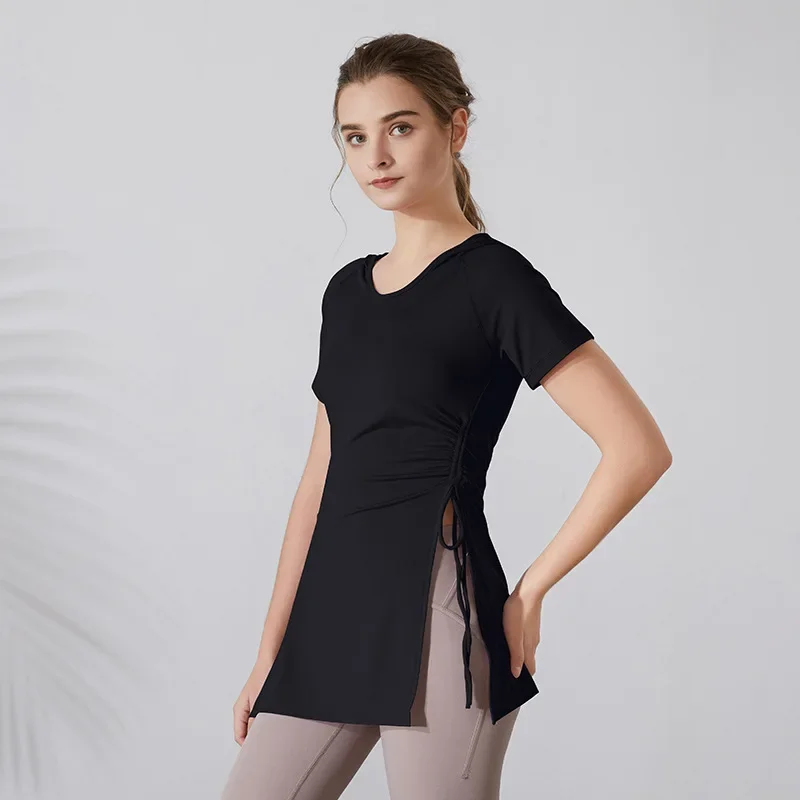 Summer Women Sports Hoodies Bandage Yoga Shirts Forked Short Sleeves Running T-Shirts Oversized Gym Fitness Hooded Tops Blouse