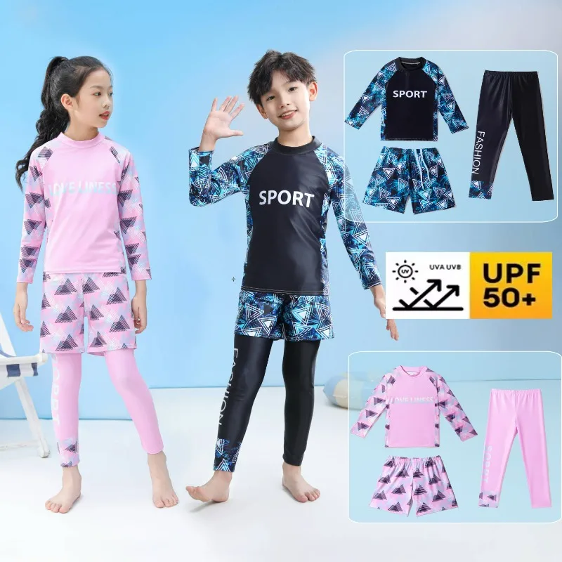 3pcs Children Swimwear 2026 New Korean High Elasticity Quick-drying Boys Girls Long Sleeve Swimsuit Rash Guard