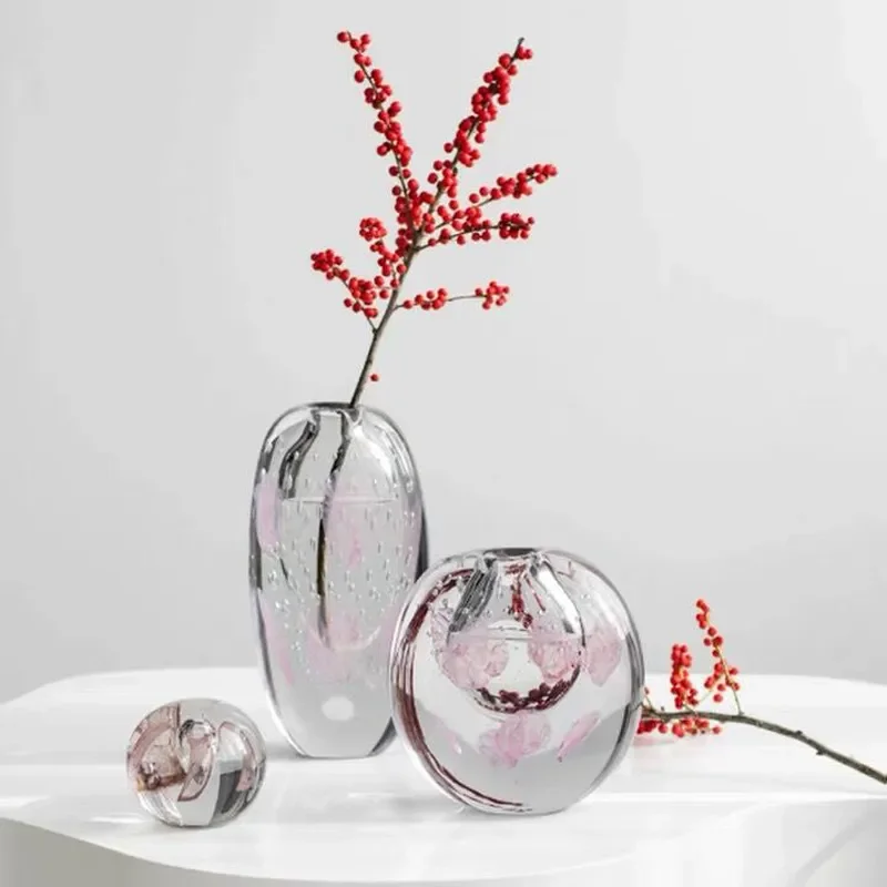 Cherry Pink Glazed Glass Vase Luxury Crystal Ball Flower Arrangement Large Decorative Ornament For Living Room Entrance Home