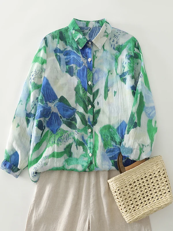 Retro Sle Long Sve Cotton Linen Women's irt Loose Fit Printed Open Cardigan Single Button T-irt Spring Autumn New Ar...