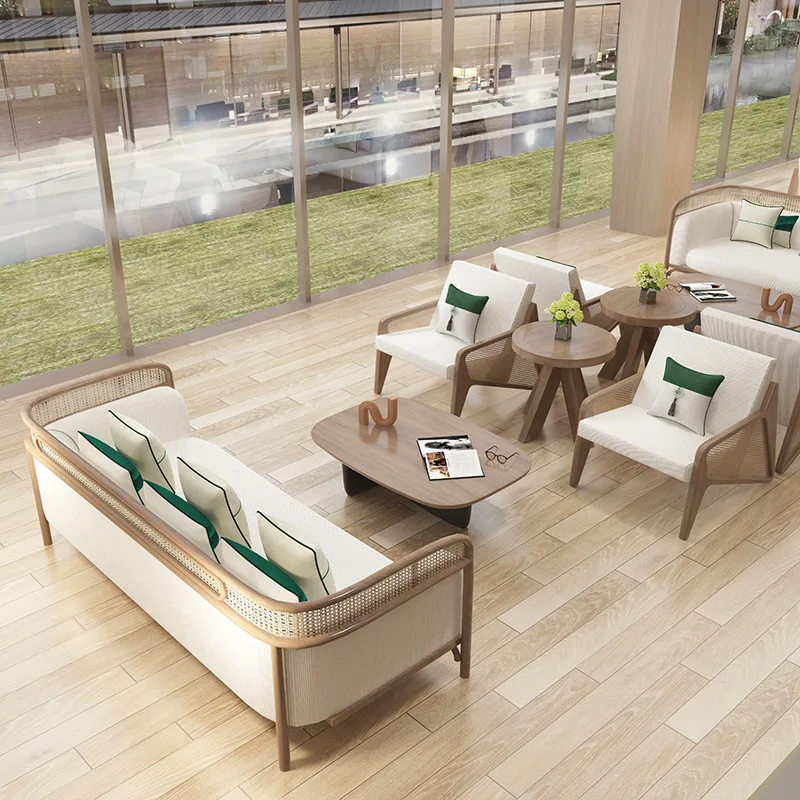 New Chinese-style solid wood rattan sofa hotel clubhouse B & B sales office reception card seat wabi sandy wind furniture