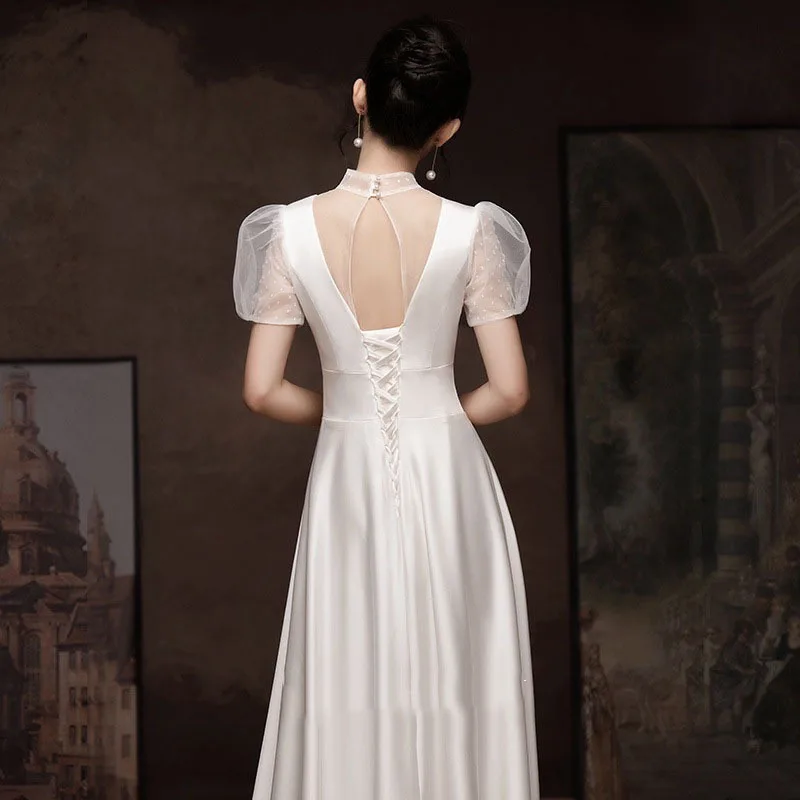 Illusion High Collar Simple Dot Short Sleeves  Lace Up Back Wedding Dresses Elegant Floor Length  A Line Bridal Gown SWD329