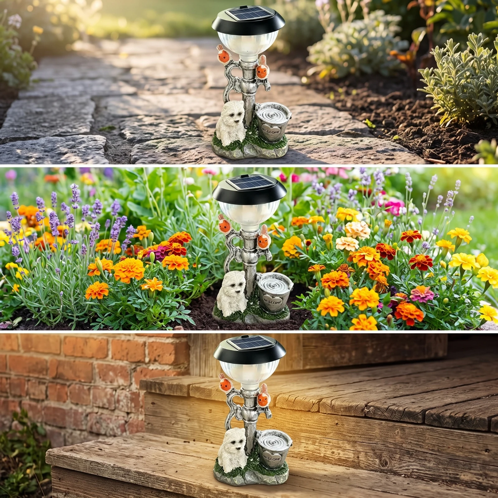 Welcome Dog Statue with Basin Resin Dog Statue with Solar Light Stone-Look Waterproof for Patio, Flower Bed