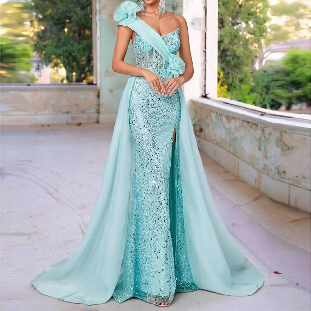 

Customized mermaid Evening Dresses Floor-length One-shoulder Sleeveless Prom Gown Fashion Sequined Flowers Draped Party Gown