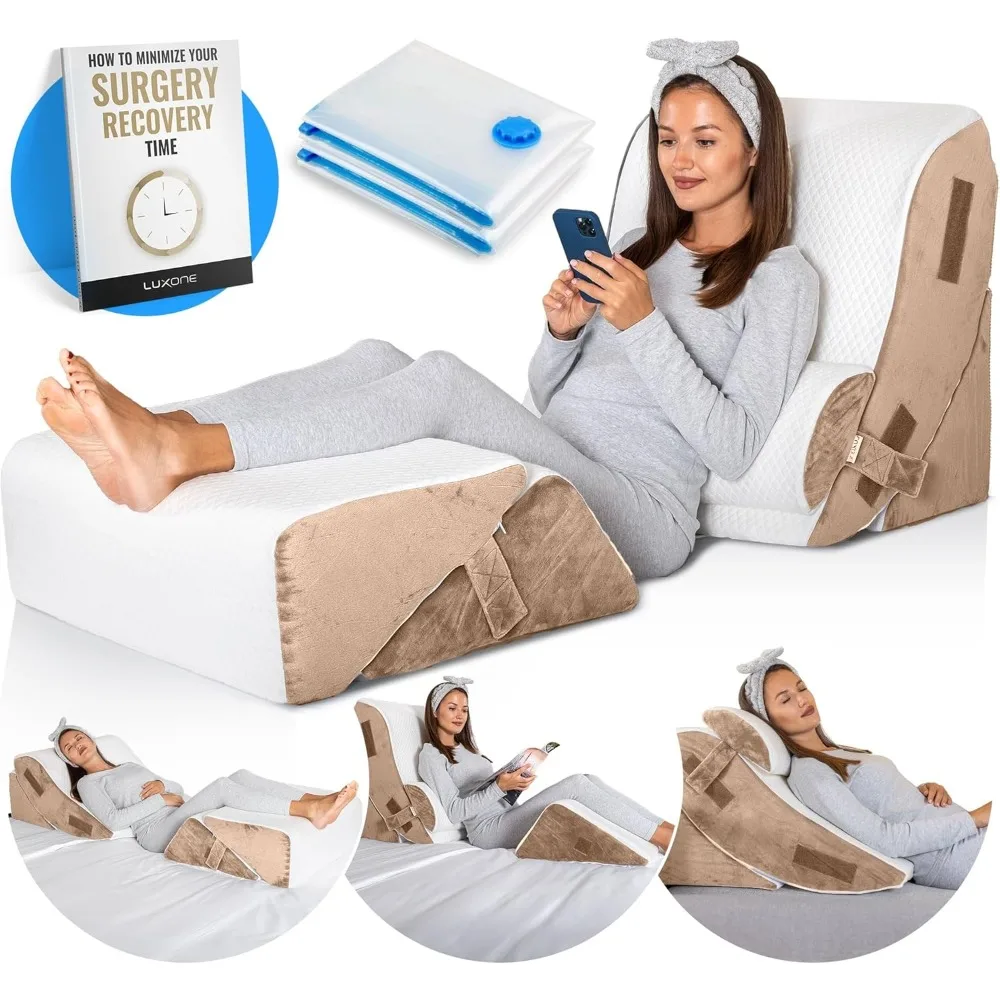 5pcs Orthopedic Bed Wedge Pillow Set w/Leg Elevation Pillow - Perfect Adjustable Memory Foam Pillows for After Surgery Recovery