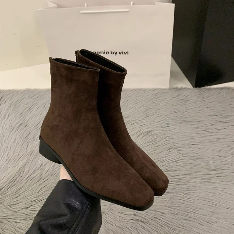 Street Style Women Ankle Boots Fashion Elegant Zippers Shoes Autumn Winter Square Heel Laides Stretch Modern Short Booties