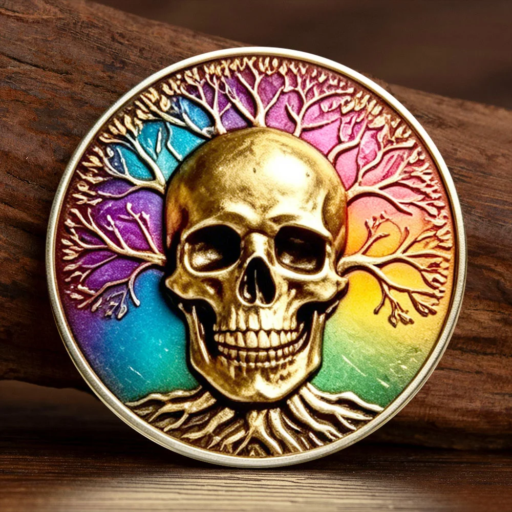 Memento Mori 2D Flat Color Plated Challenge Coin Skull Hourglass Tree of Life Token Stoic Reminder EDC Collectible Coin Gift