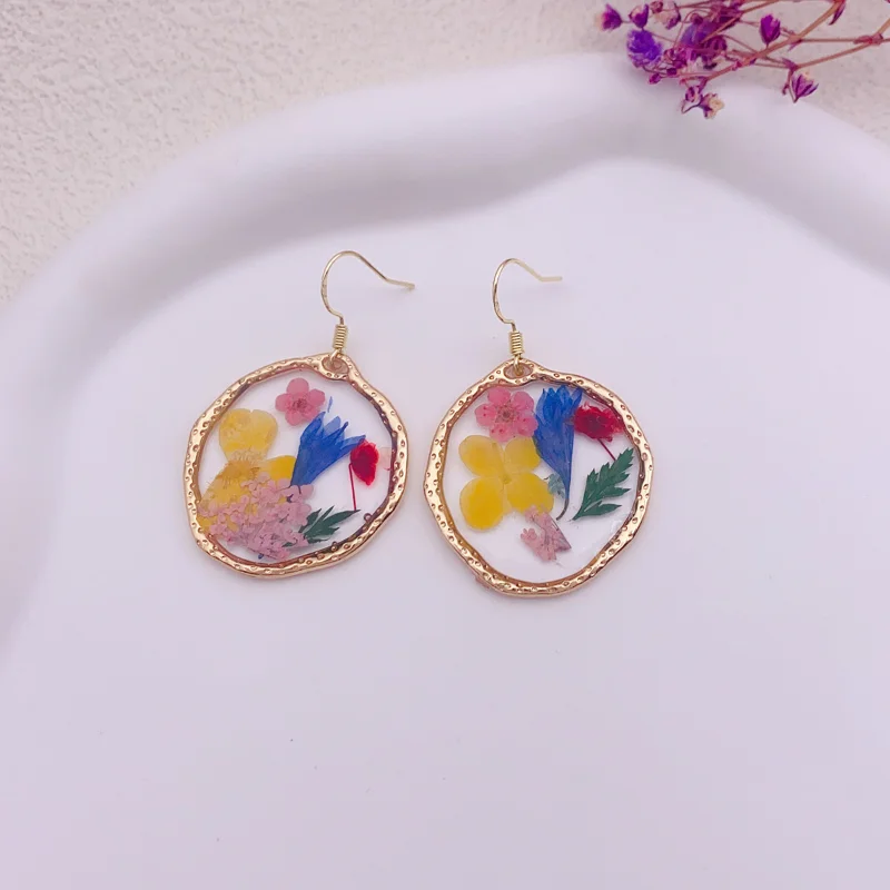 ALLNEWME Cute Lovely Real Dye Flower Round Resin Drop Earrings for Women Girls Gold Plated Alloy Geometric Hanging Earring Gift