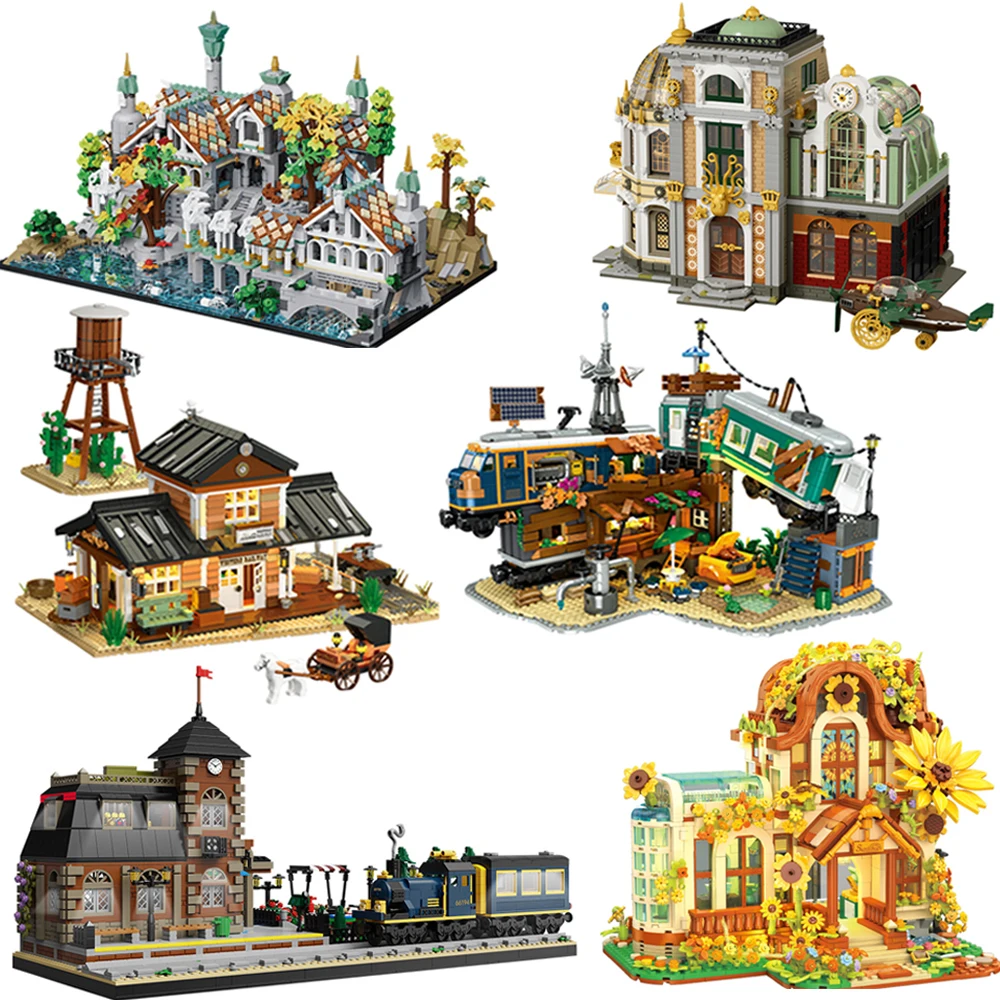 

Funny Architectural Street View Castle Building Blocks Toy Railway House Construction Model Brick Collection Gift for Collectors