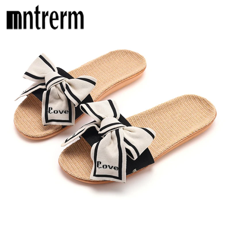 Mntrerm Large Bow Home Slippers Indoor Non-Slip Home Slippers Soft Bottom Viscose Linen Sandals And Slippers