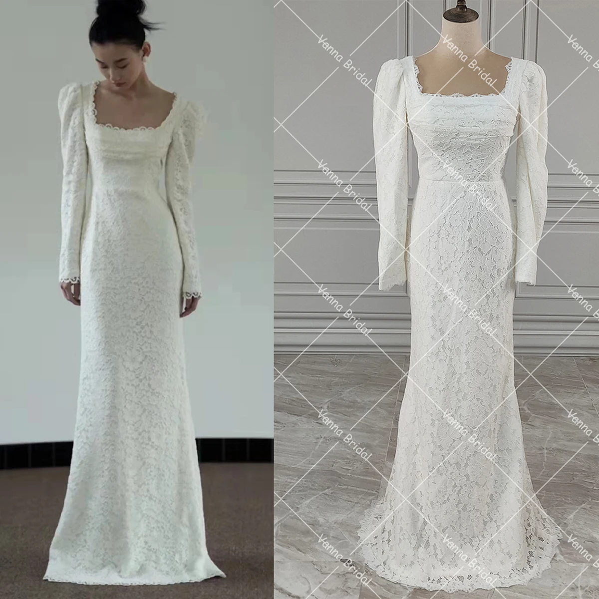 Long Sleeves Square Neck Allover Lace Romance Wedding Bride Gown Backless Column Vintage Fit Maxi Customized Bridal Dress