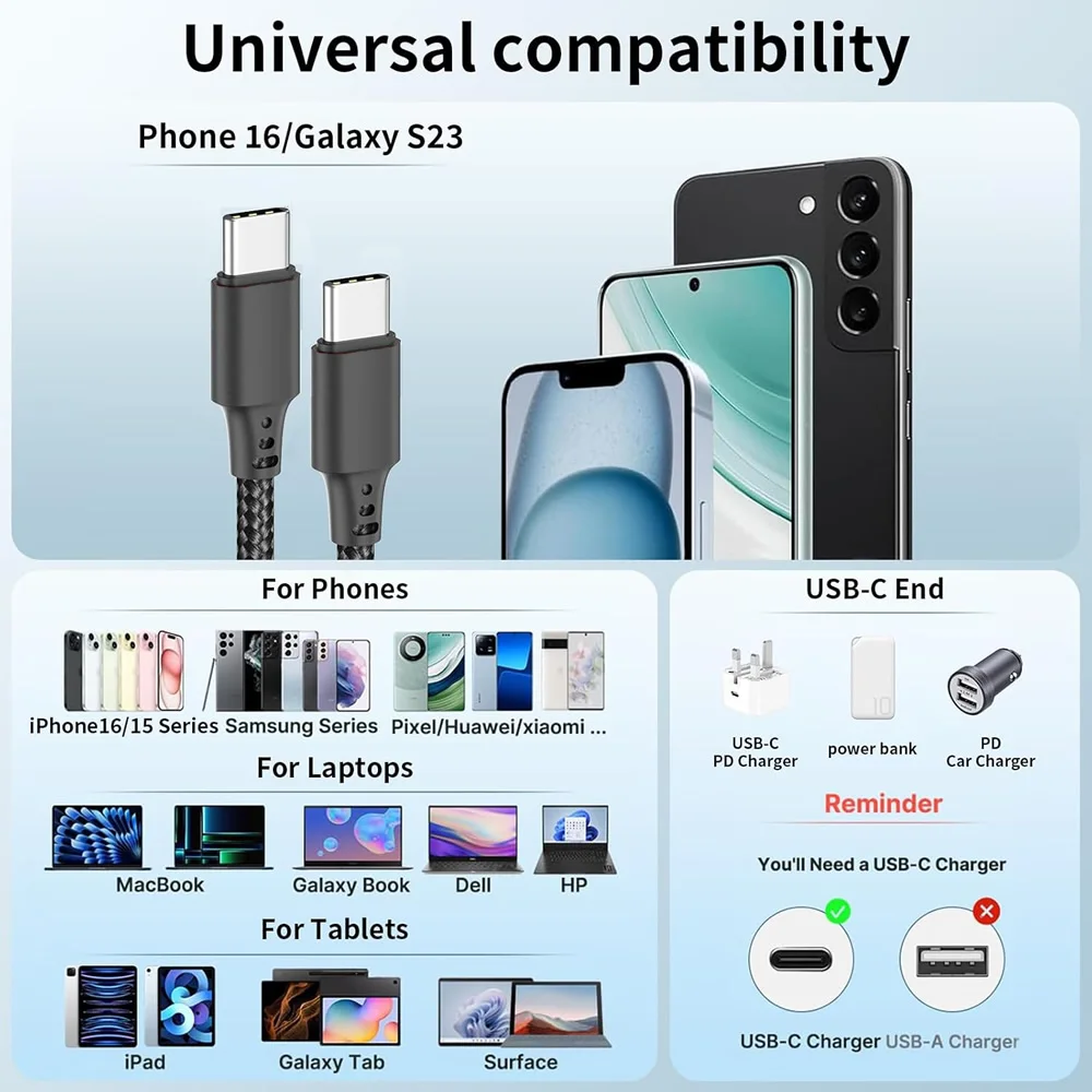 كابل بيانات 0.25 متر USB C إلى النوع C سلك بيانات شحن سريع كابل قصير 66 وات نوع C لهاتف آيفون 15 هواوي سامسونج باور بانك محمول