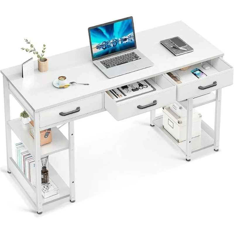 

ODK Office Small Computer Desk: Home Table with Fabric Drawers & Storage Shelves, Modern Writing Desk, White, 48"x16"