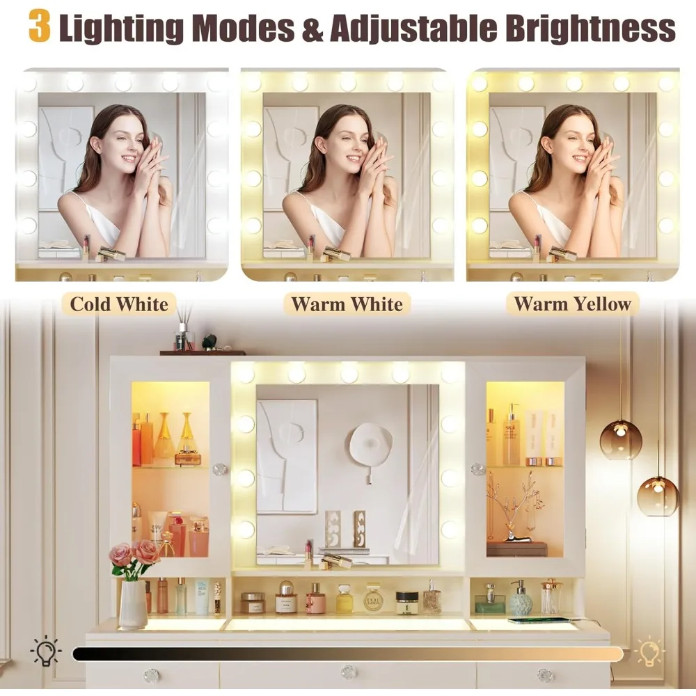 Vanity Desk with Mirror and RGB Lights, 43 Large Makeup Vanity with Glass Top, 4 Large Glass Cabinets, Power Outlet & 3 Drawers, image 3