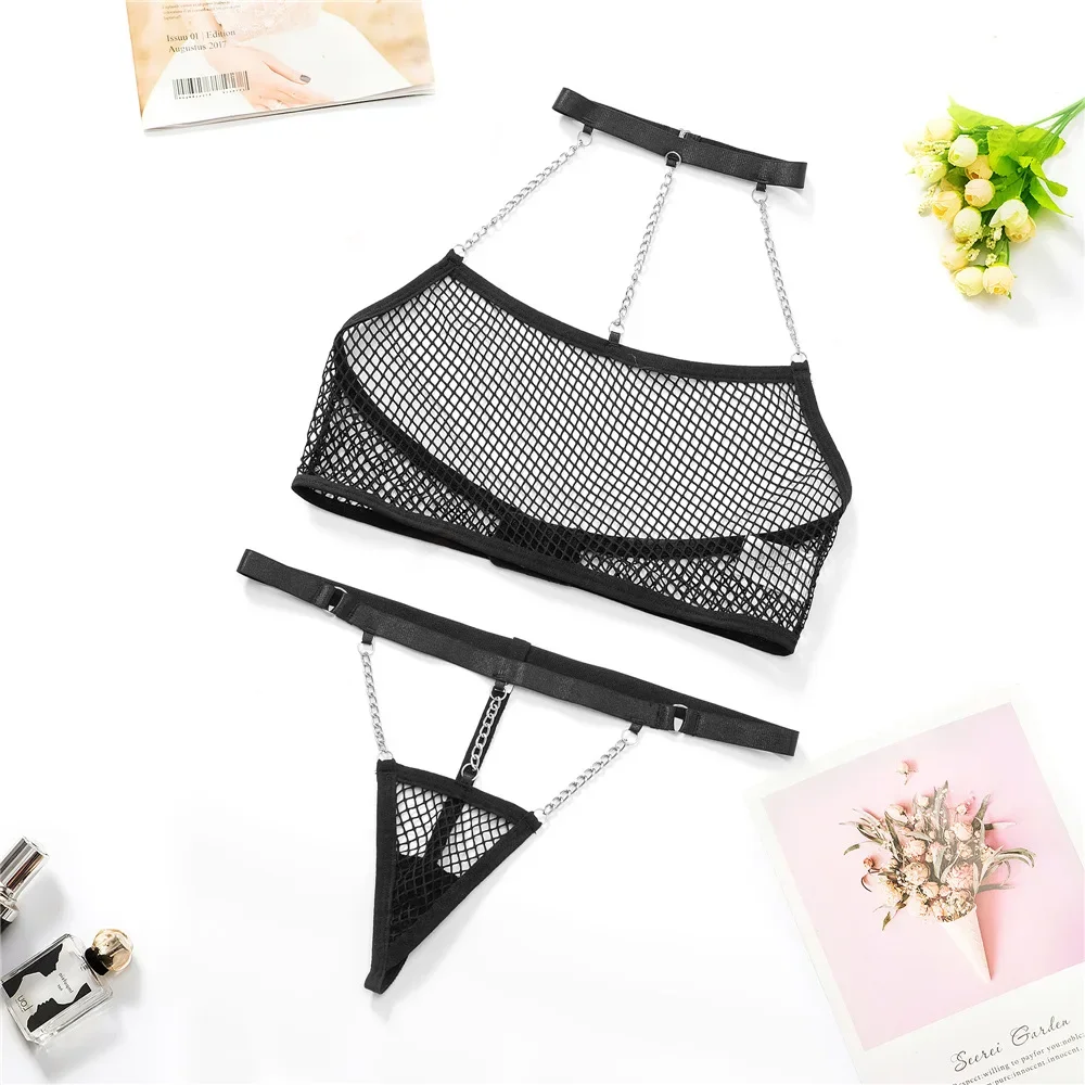 Ensemble de soutien-gorge en maille pour femmes, culotte Sexy + slip, ensemble de sous-vêtements érotiques, sous-vêtements érotiques de tous les jours, ensemble de Lingerie Sexy