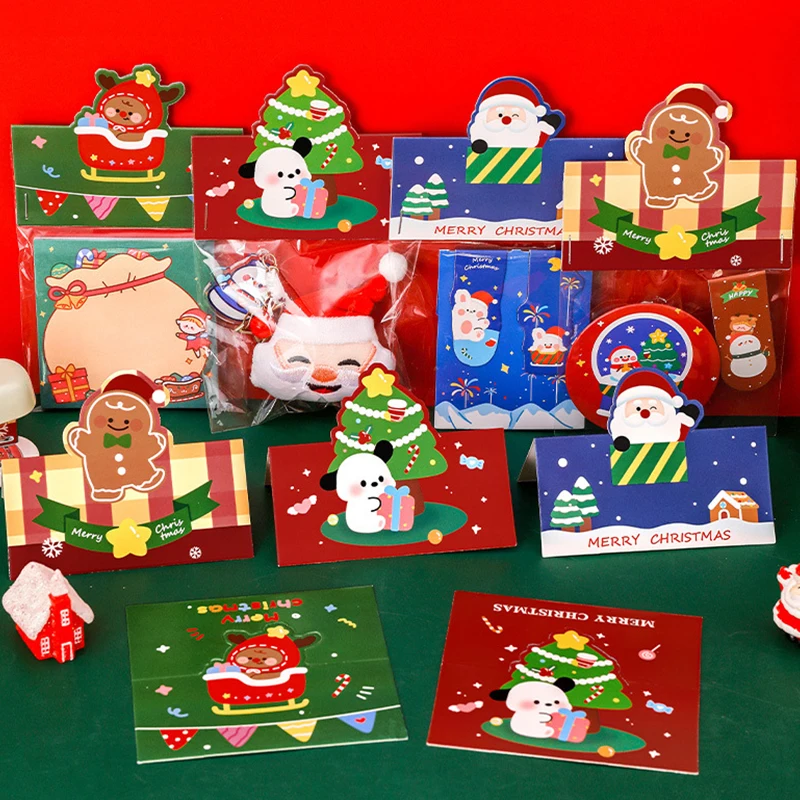 10 Uds. De cartón plegable de Navidad, bonito dibujo de Papá Noel, árbol de Navidad, hombre de jengibre, tarjeta, regalos de papel, Material de embalaje