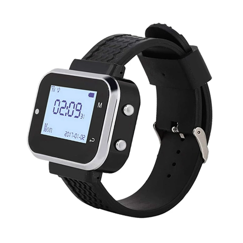 Sistema di chiamata wireless 5 Trasmettitori per pulsanti di chiamata da tavolo 1 cercapersone per orologio, cicalino per campanello per servizio cameriere ristorante