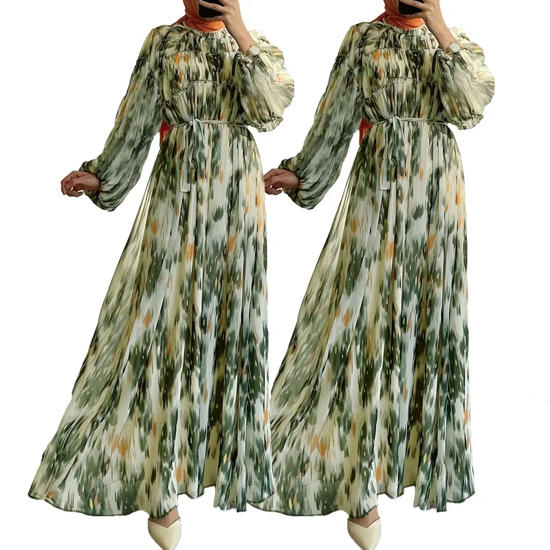 

Muslim Fashion Dresses Elegant Vintage O-Neck Tunic Slim Pleated Midi Dress for Women Long Sleeve Empire Printed Lace Dress