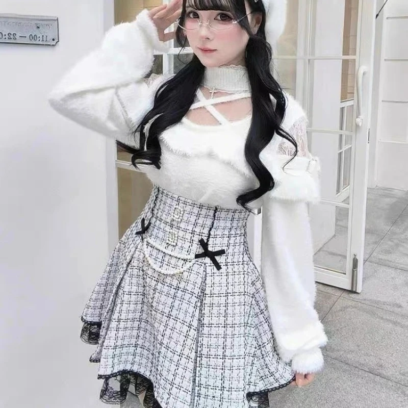 

2026 Милый вязаный свитер с открытыми плечами Топы в японском стиле Kawaii Lolita Комплект юбки с бантом и жемчугом в клетку Мини-юбки Повседневный костюм Y2k
