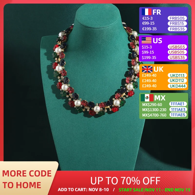 

Vintage Choker Pearl Necklace Natural Glass Petals Rhinestone Flower Colorful Antique Gold Color Luxury Designer Jewelry Gifts