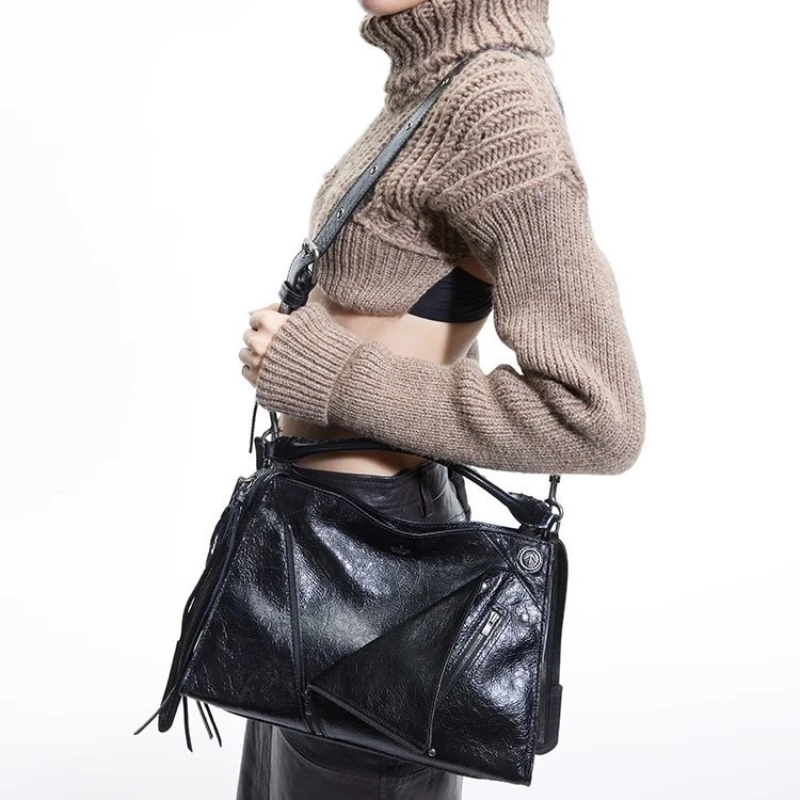GROTTO Lapel Bag Genuine Leather Large Capacity Commuter Biker Style Handheld, Single-Shoulder, Crossbody Bag