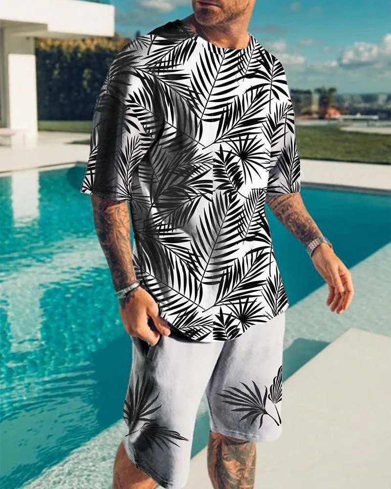 Männer Strand T-Shirt Kurzarm Set lässig 2 Stück Set übergroße Sport Set Kokosnuss baum Hawaii Mode Top Urlaub Essentials