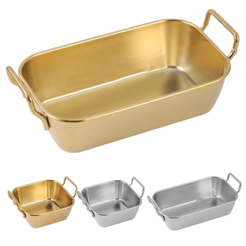 Stainless Steel Food Storage Tray Double Ears Fried Chicken Square Plate Snack Fruit Plate Food Display Kitchen Tools