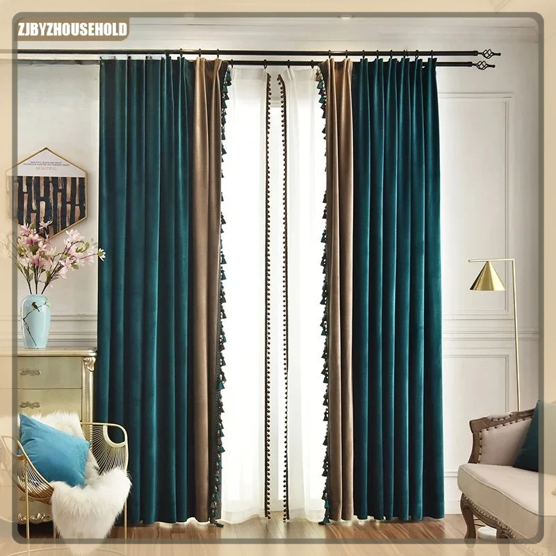 

Luxury Curtains for Living Dining Room Bedroom Velvet Peacock Green Blue Colour Blocking Study Floor To Ceiling Floating Fashion