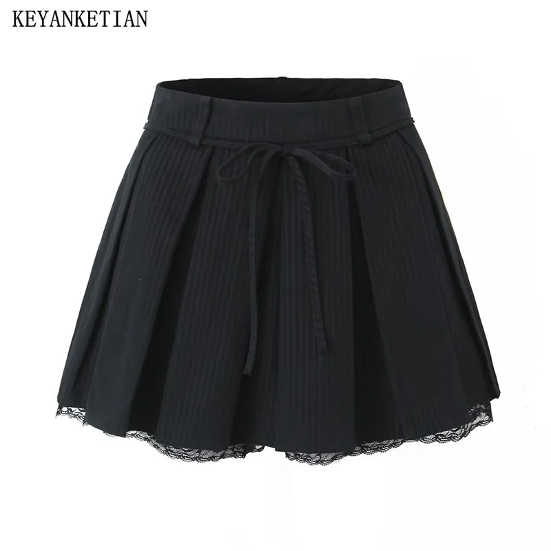 

KEYANKETIAN 2024 New Launch Lace Decoration Striped Skirt Women's Stylish Belt Accessories Zipper High-Waisted A-Line Mini Skirt