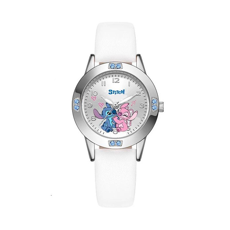 Miniso Anime Cartoon Disney Angie Stitch Round Diamond Quartz Girls Watch Fashion Children Leather Steel Belt Watch Kids Gift