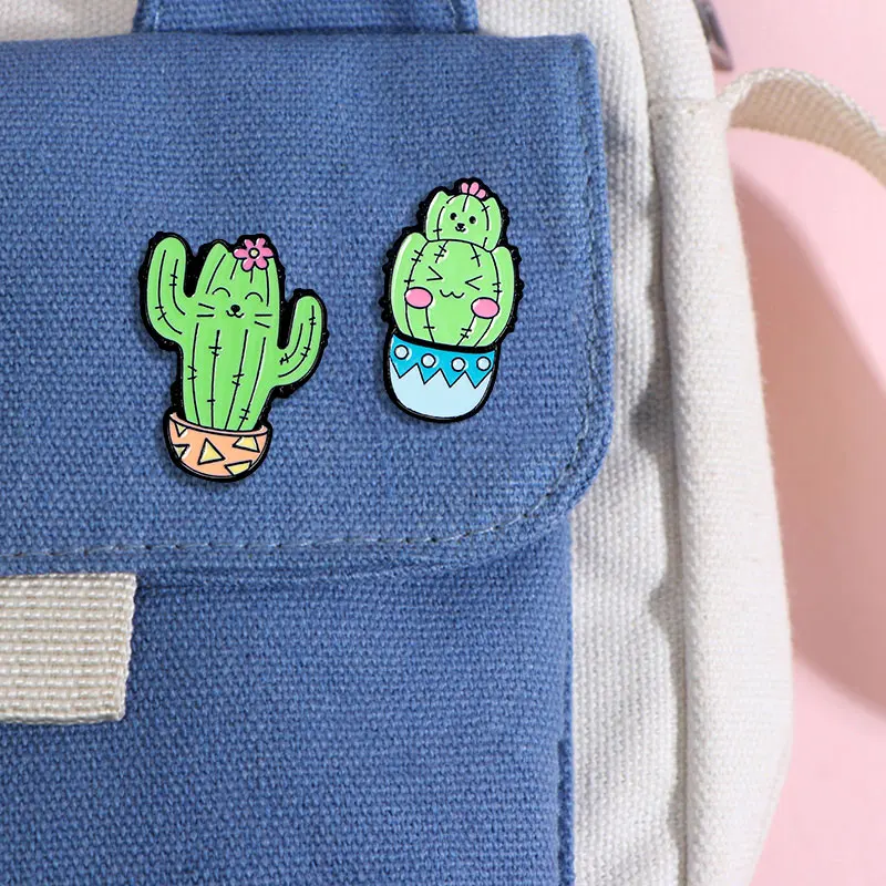 Cartoon Cactus Cat Enamel Brooches Funny Green Kitten Potted Plant Lapel Pins Best Gift For Pet Own Badge