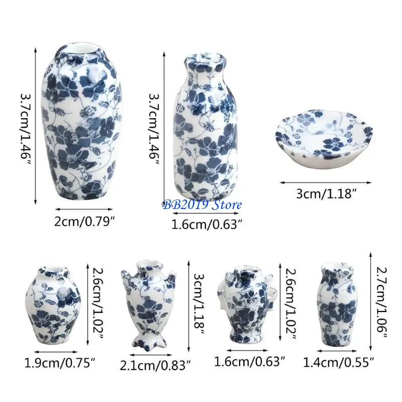 Q0KB 1:12 DOLLHOUSE Miniature Acessory Ware Mini delicado azul e branco Móveis porcelana Decoração para Doll House 7 Pcs